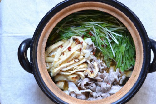 水菜と豚バラ肉のぴり辛鍋